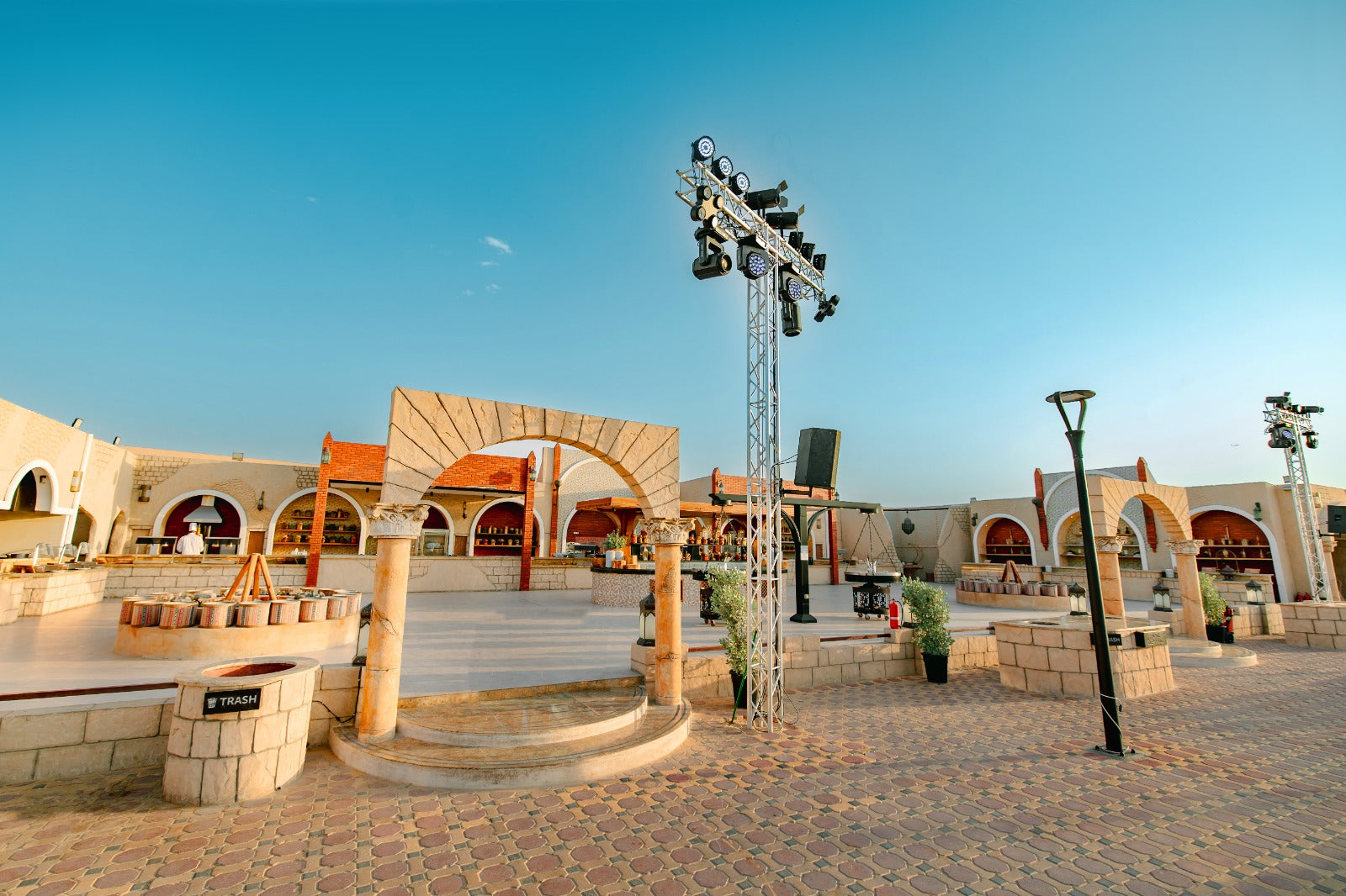View of the buffet area at the desert safari camp in Dubai showcasing food arrangements for guests