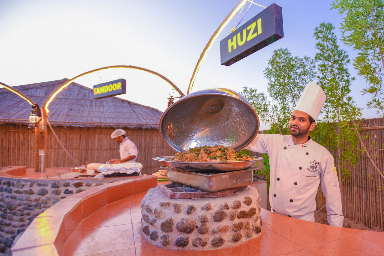 Buffet dinner spread at the Standard Desert Safari camp in Dubai for guests