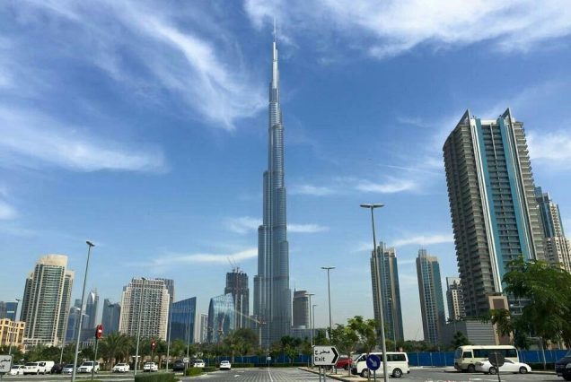 Burj Khalifa observation deck with Dubai skyline