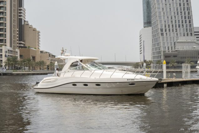 Majesty 48 FT Yacht in Dubai Marina at sunset